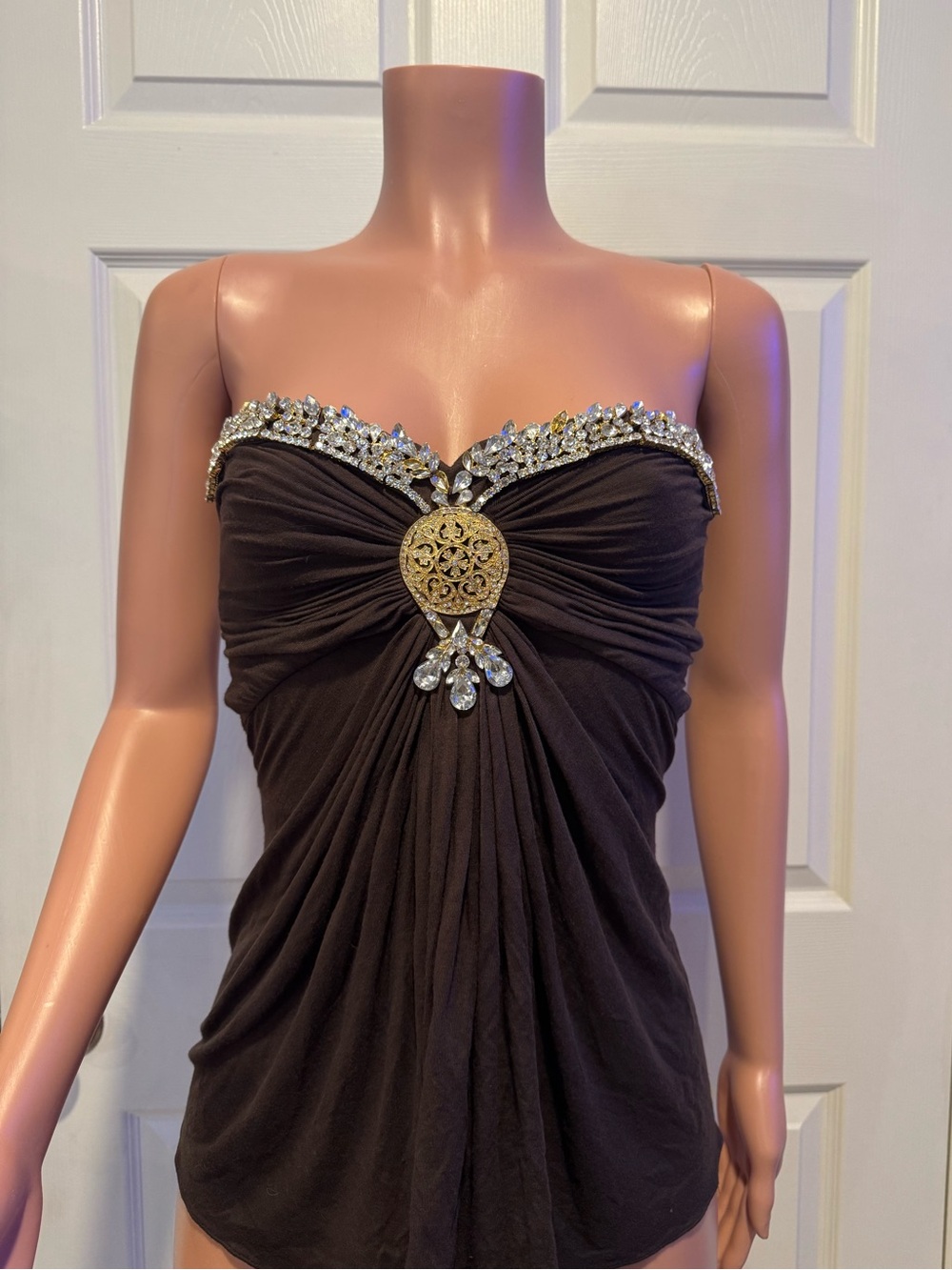 Sky Strapless Brown Top with Gold & Crystal Accents Size XS